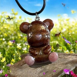 Handcrafted Brown and Pink Bear Pendant Necklace